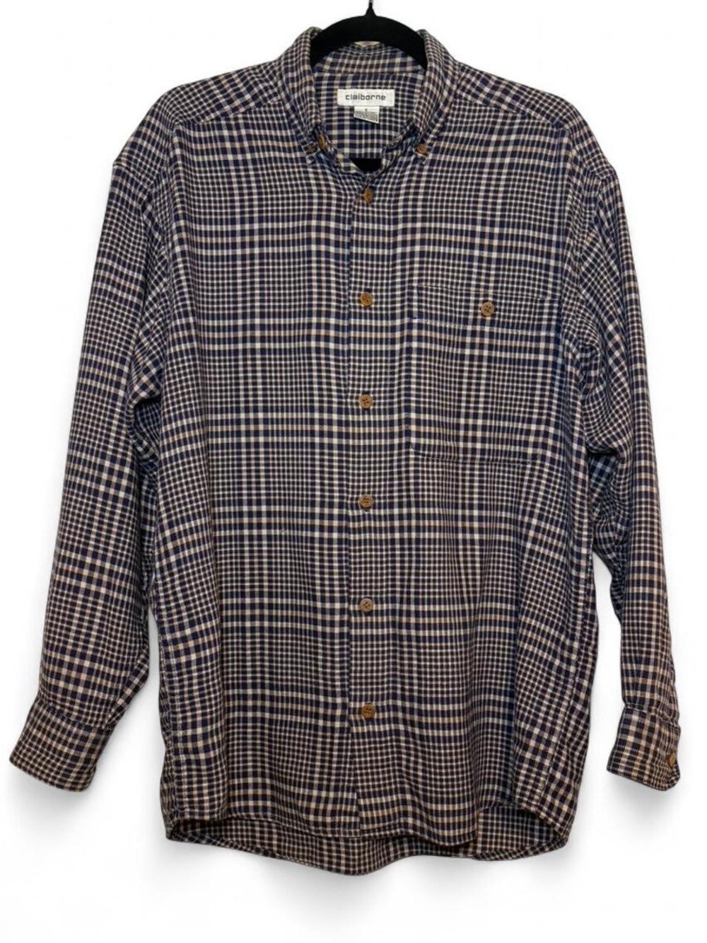 Men’s Vintage Claiborne Navy/Khaki/White 100% Cotton Button Up Shirt